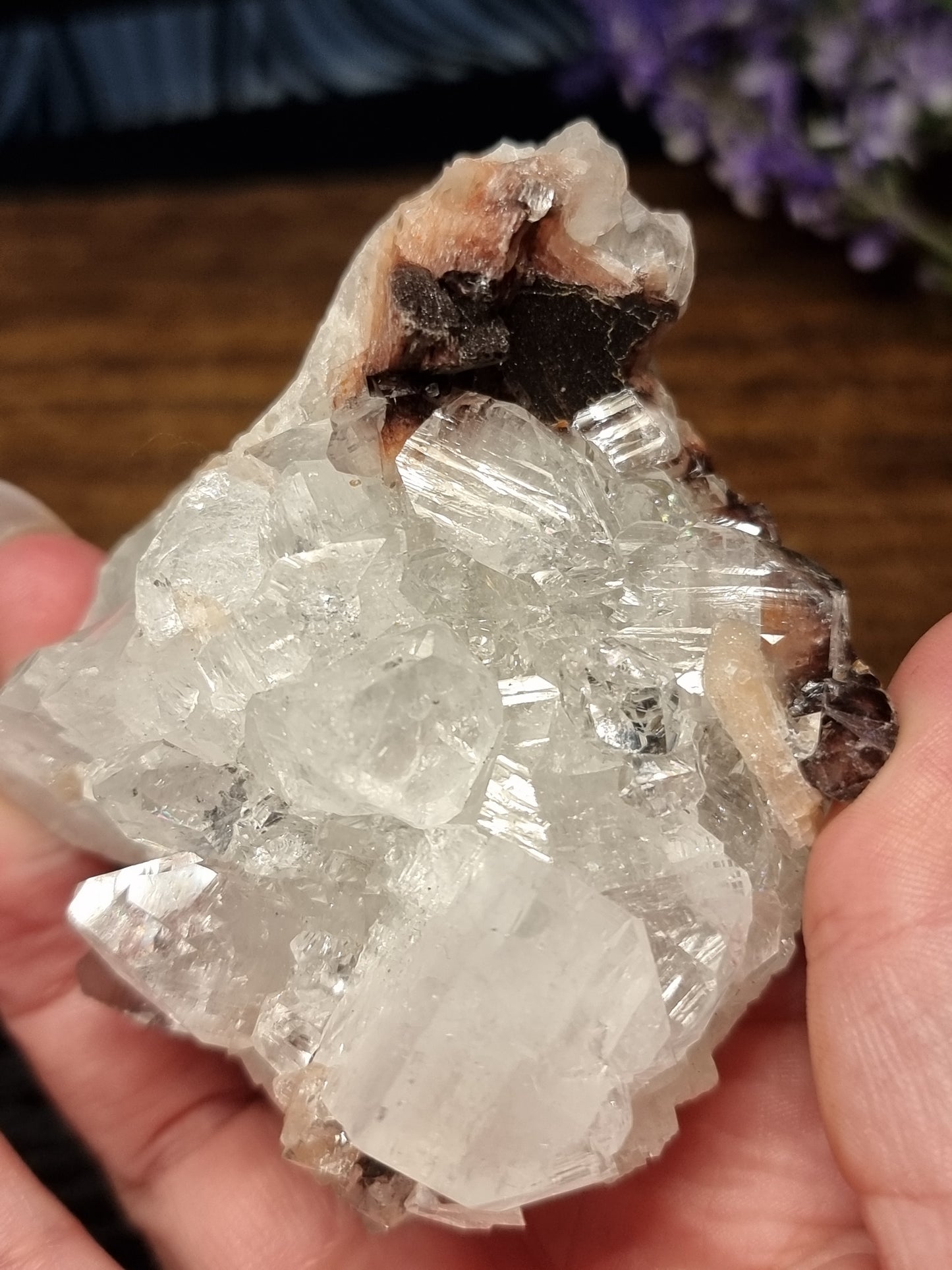 Apophyllite with peach stillbite & hematite