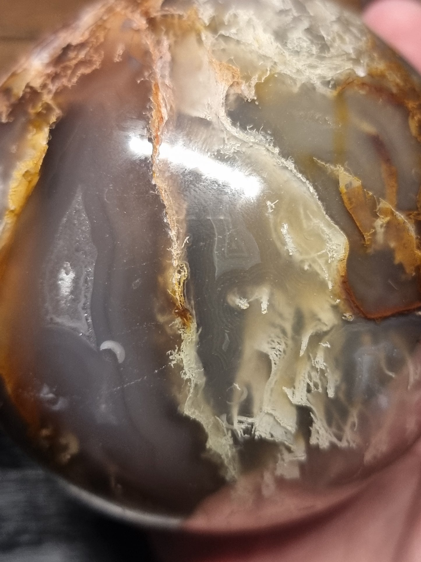 Colourful Moss agate sphere with small orca agate inclusions