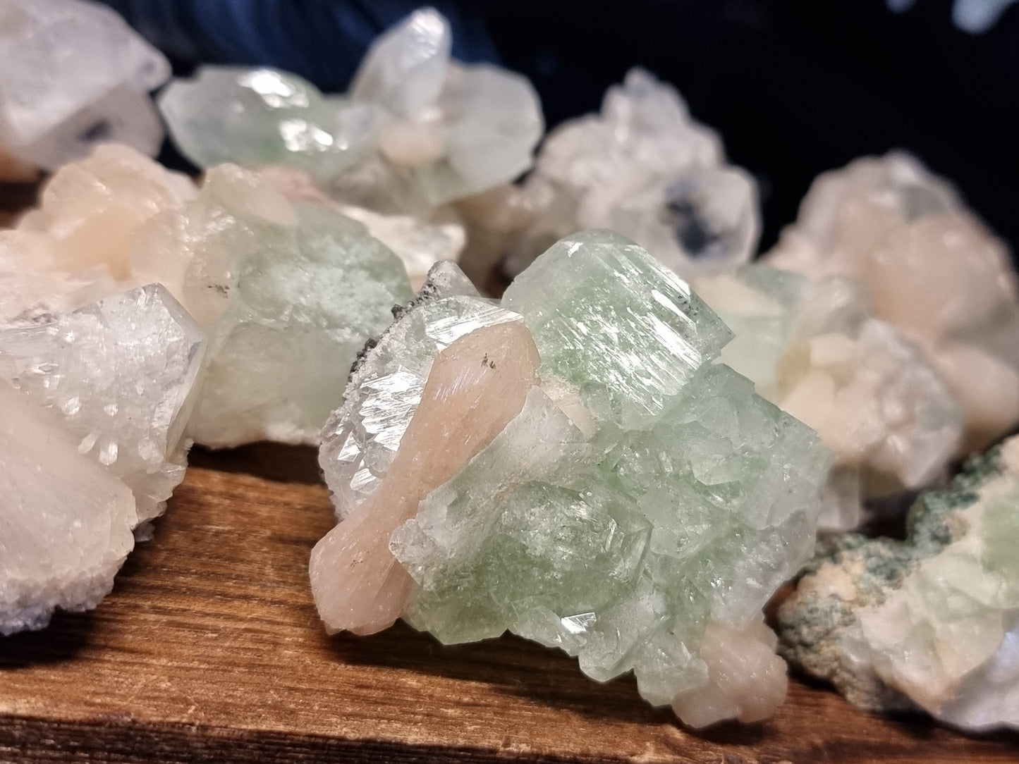 Gemmy green apophyllite with peach stilbite