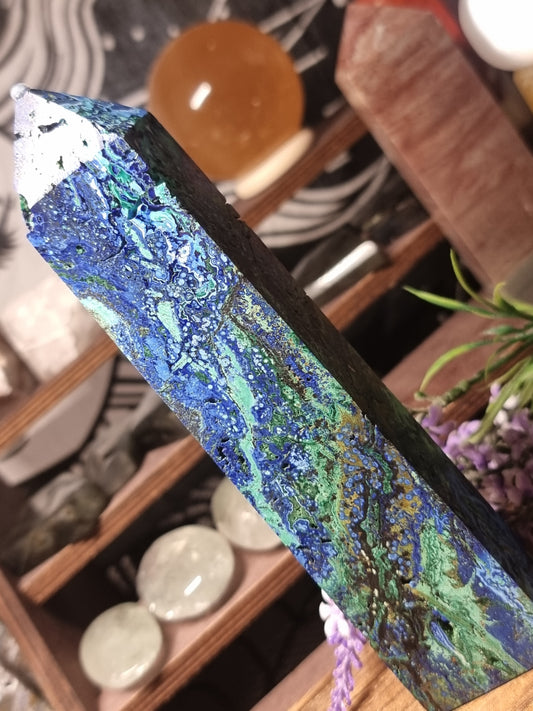 Azurite with malachite tower
