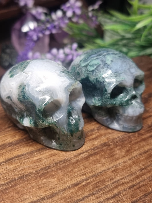 Moss agate skulls