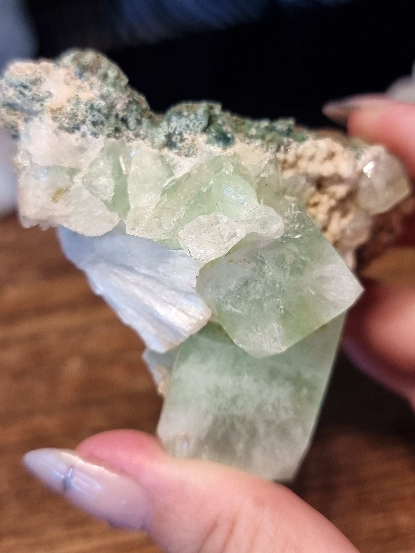 Gemmy green apophyllite with peach stilbite
