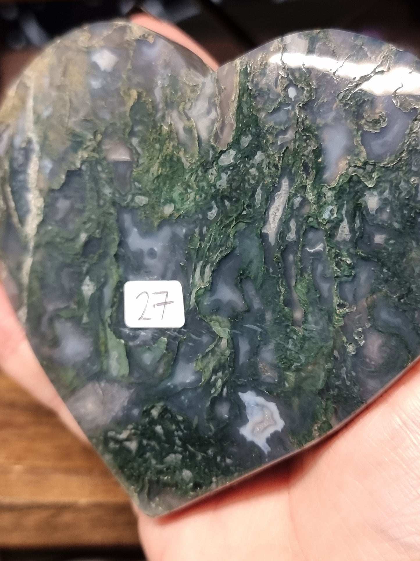 Moss agate heart on stand